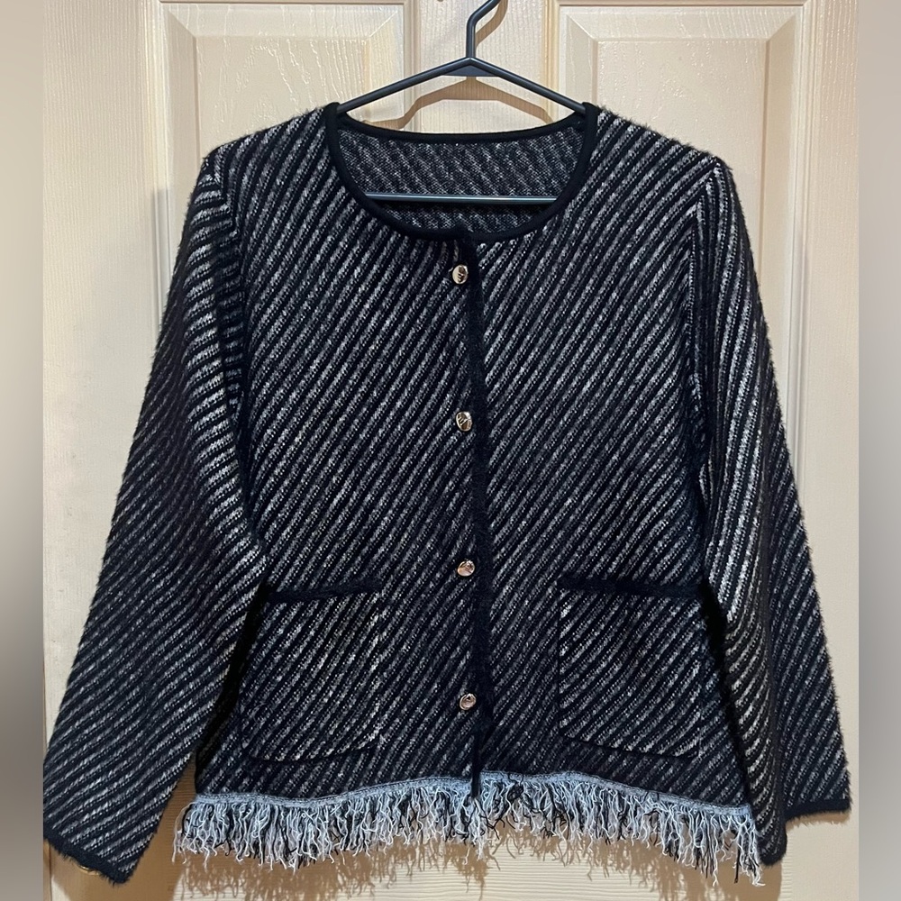 Chic Black & White Cardigan with Fringe, Size Large